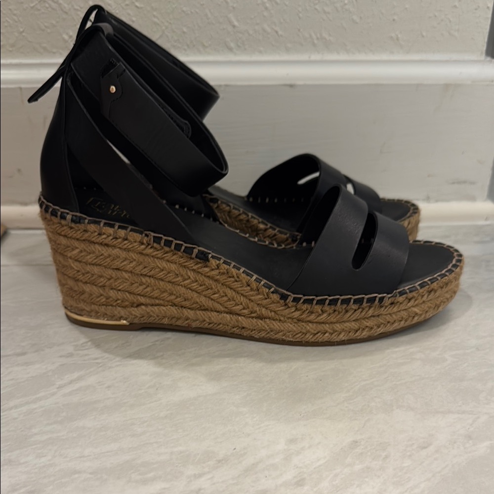 Franco Sarto Black and Tan Wedge Sandals - Picture 3 of 9